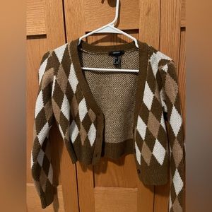 Brown Diamond Patterned Forever 21 Button Up Cropped Cardigan/Sweater